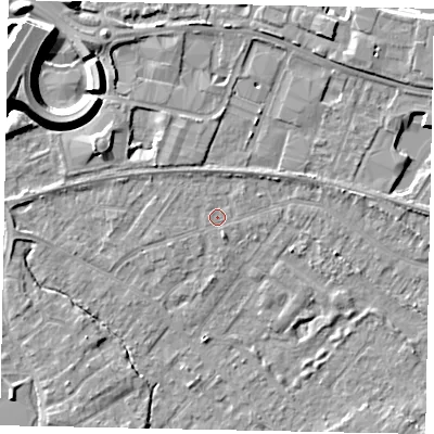 Shaded relief map of the ground around TW208AG, computed from Environment Agency LiDAR. The ground here sits at about 15 m above sea level and falls 12 m across the surrounding 800 m. Surface water reaching this point runs off ground lying to the south-south-east, 1.2 m higher.