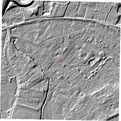 Shaded relief map of the ground around TW208AH, computed from Environment Agency LiDAR. The ground here sits at about 15 m above sea level and falls 11 m across the surrounding 800 m. Surface water reaching this point runs off ground lying to the north-north-west, 2.6 m higher.