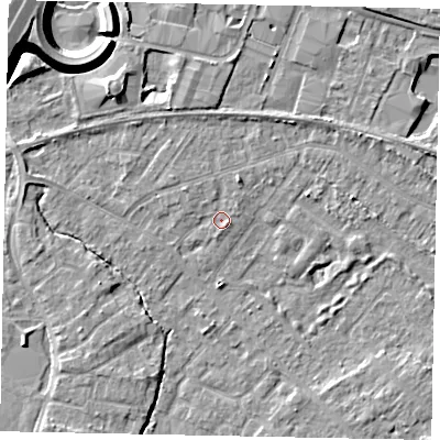 Shaded relief map of the ground around TW208AJ, computed from Environment Agency LiDAR. The ground here sits at about 15 m above sea level and falls 12 m across the surrounding 800 m. Surface water reaching this point runs off ground lying to the east-south-east, 0.9 m higher.