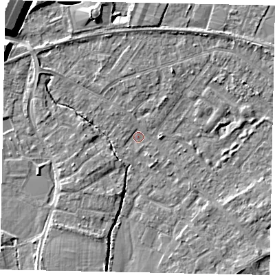 Shaded relief map of the ground around TW208AL, computed from Environment Agency LiDAR. The ground here sits at about 14 m above sea level and falls 12 m across the surrounding 800 m. Surface water reaching this point runs off ground lying to the north-west, 1.0 m higher.