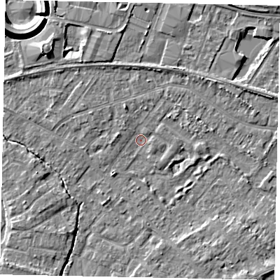 Shaded relief map of the ground around TW208AN, computed from Environment Agency LiDAR. The ground here sits at about 14 m above sea level and falls 9 m across the surrounding 800 m. Surface water reaching this point runs off ground lying to the south-east, 2.8 m higher.