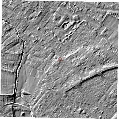 Shaded relief map of the ground around TW208AP, computed from Environment Agency LiDAR. The ground here sits at about 15 m above sea level and falls 5 m across the surrounding 800 m. Surface water reaching this point runs off ground lying to the south-east, 1.7 m higher.