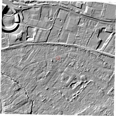 Shaded relief map of the ground around TW208AQ, computed from Environment Agency LiDAR. The ground here sits at about 15 m above sea level and falls 11 m across the surrounding 800 m. Surface water reaching this point runs off ground lying to the west-south-west, 1.5 m higher.