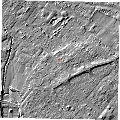 Shaded relief map of the ground around TW208AR, computed from Environment Agency LiDAR. The ground here sits at about 15 m above sea level and falls 4 m across the surrounding 800 m. Surface water reaching this point runs off ground lying to the east-south-east, 1.6 m higher.