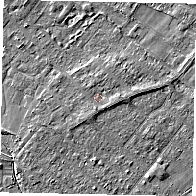 Shaded relief map of the ground around TW208AS, computed from Environment Agency LiDAR. The ground here sits at about 15 m above sea level and falls 3 m across the surrounding 800 m. Surface water reaching this point runs off ground lying to the east, 1.6 m higher.