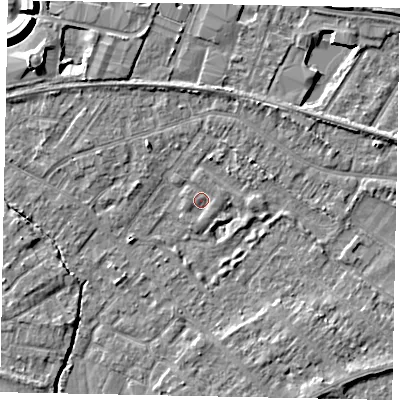 Shaded relief map of the ground around TW208AT, computed from Environment Agency LiDAR. The ground here sits at about 15 m above sea level and falls 8 m across the surrounding 800 m. Surface water reaching this point runs off ground lying to the south-south-west, 0.9 m higher.
