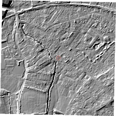 Shaded relief map of the ground around TW208AU, computed from Environment Agency LiDAR. The ground here sits at about 14 m above sea level and falls 11 m across the surrounding 800 m. Surface water reaching this point runs off ground lying to the west, 3.1 m higher.