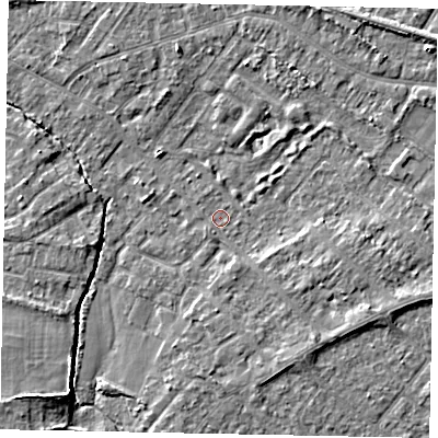 Shaded relief map of the ground around TW208AW, computed from Environment Agency LiDAR. The ground here sits at about 14 m above sea level and falls 5 m across the surrounding 800 m. Surface water reaching this point runs off ground lying to the east-south-east, 2.5 m higher.