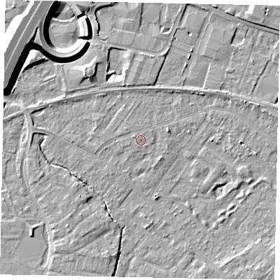 Shaded relief map of the ground around TW208AX, computed from Environment Agency LiDAR. The ground here sits at about 15 m above sea level and falls 12 m across the surrounding 800 m. Surface water reaching this point runs off ground lying to the west-south-west, 0.6 m higher.