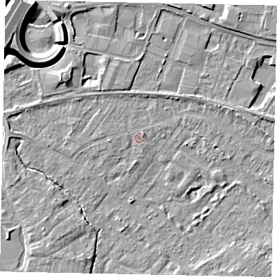 Shaded relief map of the ground around TW208AY, computed from Environment Agency LiDAR. The ground here sits at about 15 m above sea level and falls 12 m across the surrounding 800 m. Surface water reaching this point runs off ground lying to the west-south-west, 0.8 m higher.
