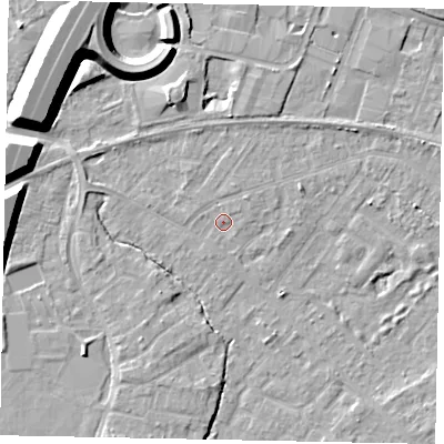 Shaded relief map of the ground around TW208AZ, computed from Environment Agency LiDAR. The ground here sits at about 15 m above sea level and falls 12 m across the surrounding 800 m. Surface water reaching this point runs off ground lying to the north-east, 1.0 m higher.