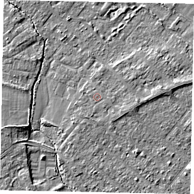 Shaded relief map of the ground around TW208BA, computed from Environment Agency LiDAR. The ground here sits at about 15 m above sea level and falls 5 m across the surrounding 800 m. The ground contributing surface water to this point lies to the west-north-west.