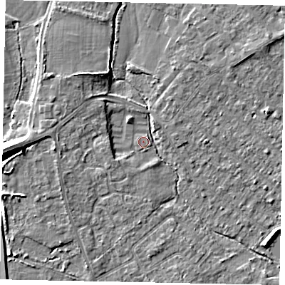 Shaded relief map of the ground around TW208BF, computed from Environment Agency LiDAR. The ground here sits at about 14 m above sea level and falls 9 m across the surrounding 800 m. Surface water reaching this point runs off ground lying to the west, 6.9 m higher.