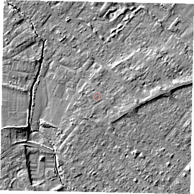 Shaded relief map of the ground around TW208BG, computed from Environment Agency LiDAR. The ground here sits at about 15 m above sea level and falls 5 m across the surrounding 800 m. Surface water reaching this point runs off ground lying to the west, 0.5 m higher.