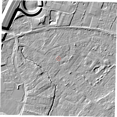 Shaded relief map of the ground around TW208BH, computed from Environment Agency LiDAR. The ground here sits at about 15 m above sea level and falls 12 m across the surrounding 800 m. Surface water reaching this point runs off ground lying to the north-north-east, 1.3 m higher.