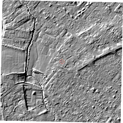 Shaded relief map of the ground around TW208BJ, computed from Environment Agency LiDAR. The ground here sits at about 15 m above sea level and falls 5 m across the surrounding 800 m. Surface water reaching this point runs off ground lying to the east-south-east, 1.1 m higher.