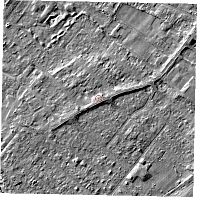 Shaded relief map of the ground around TW208BL, computed from Environment Agency LiDAR. The ground here sits at about 16 m above sea level and falls 3 m across the surrounding 800 m. Surface water reaching this point runs off ground lying to the east-north-east, 1.1 m higher.