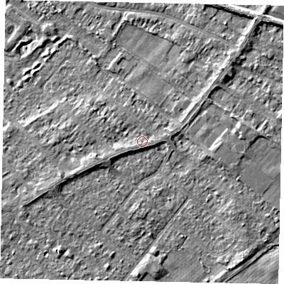 Shaded relief map of the ground around TW208BN, computed from Environment Agency LiDAR. The ground here sits at about 16 m above sea level and falls 4 m across the surrounding 800 m. Surface water reaching this point runs off ground lying to the west-south-west, 1.3 m higher.