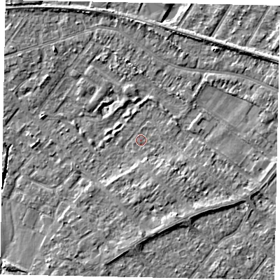 Shaded relief map of the ground around TW208BS, computed from Environment Agency LiDAR. The ground here sits at about 14 m above sea level and falls 3 m across the surrounding 800 m. Surface water reaching this point runs off ground lying to the south-south-east, 2.5 m higher.