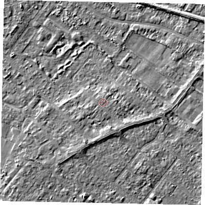 Shaded relief map of the ground around TW208BT, computed from Environment Agency LiDAR. The ground here sits at about 16 m above sea level and falls 3 m across the surrounding 800 m. The ground contributing surface water to this point lies to the west-south-west.