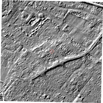 Shaded relief map of the ground around TW208BU, computed from Environment Agency LiDAR. The ground here sits at about 16 m above sea level and falls 3 m across the surrounding 800 m. The ground contributing surface water to this point lies to the west-north-west.