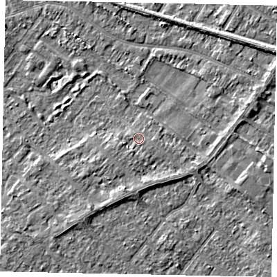 Shaded relief map of the ground around TW208BW, computed from Environment Agency LiDAR. The ground here sits at about 15 m above sea level and falls 4 m across the surrounding 800 m. Surface water reaching this point runs off ground lying to the south-south-west, 1.4 m higher.