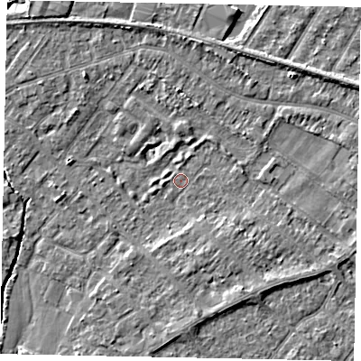Shaded relief map of the ground around TW208BX, computed from Environment Agency LiDAR. The ground here sits at about 14 m above sea level and falls 3 m across the surrounding 800 m. Surface water reaching this point runs off ground lying to the south-south-east, 2.5 m higher.