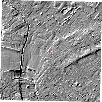 Shaded relief map of the ground around TW208BY, computed from Environment Agency LiDAR. The ground here sits at about 15 m above sea level and falls 5 m across the surrounding 800 m. Surface water reaching this point runs off ground lying to the south-east, 0.9 m higher.