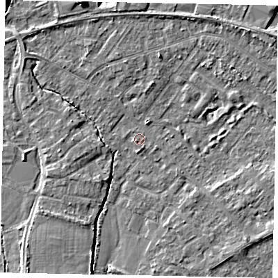 Shaded relief map of the ground around TW208BZ, computed from Environment Agency LiDAR. The ground here sits at about 14 m above sea level and falls 9 m across the surrounding 800 m. Surface water reaching this point runs off ground lying to the north-west, 1.0 m higher.