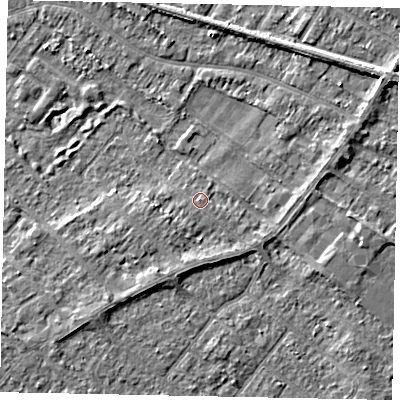 Shaded relief map of the ground around TW208DA, computed from Environment Agency LiDAR. The ground here sits at about 15 m above sea level and falls 4 m across the surrounding 800 m. Surface water reaching this point runs off ground lying to the east-south-east, 1.1 m higher.