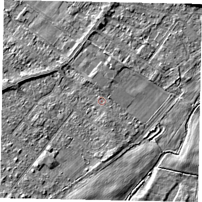 Shaded relief map of the ground around TW208DD, computed from Environment Agency LiDAR. The ground here sits at about 15 m above sea level and falls 6 m across the surrounding 800 m. Surface water reaching this point runs off ground lying to the north-north-east, 1.0 m higher.