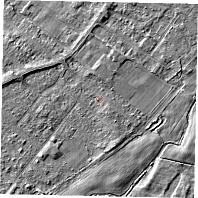 Shaded relief map of the ground around TW208DE, computed from Environment Agency LiDAR. The ground here sits at about 15 m above sea level and falls 3 m across the surrounding 800 m. Surface water reaching this point runs off ground lying to the south-west, 0.7 m higher.
