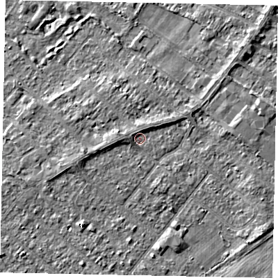 Shaded relief map of the ground around TW208DF, computed from Environment Agency LiDAR. The ground here sits at about 15 m above sea level and falls 3 m across the surrounding 800 m. Surface water reaching this point runs off ground lying to the north, 1.6 m higher.