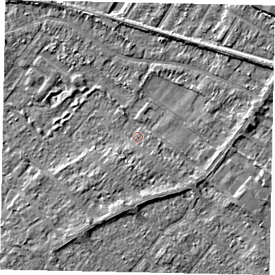 Shaded relief map of the ground around TW208DG, computed from Environment Agency LiDAR. The ground here sits at about 15 m above sea level and falls 4 m across the surrounding 800 m. Surface water reaching this point runs off ground lying to the south, 1.0 m higher.