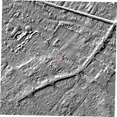 Shaded relief map of the ground around TW208DH, computed from Environment Agency LiDAR. The ground here sits at about 15 m above sea level and falls 4 m across the surrounding 800 m. Surface water reaching this point runs off ground lying to the south-east, 0.8 m higher.