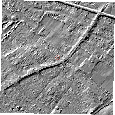Shaded relief map of the ground around TW208DL, computed from Environment Agency LiDAR. The ground here sits at about 15 m above sea level and falls 5 m across the surrounding 800 m. Surface water reaching this point runs off ground lying to the south-west, 1.3 m higher.