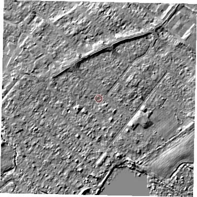 Shaded relief map of the ground around TW208DP, computed from Environment Agency LiDAR. The ground here sits at about 14 m above sea level and falls 3 m across the surrounding 800 m. Surface water reaching this point runs off ground lying to the north, 2.0 m higher.