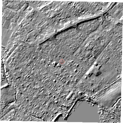 Shaded relief map of the ground around TW208DR, computed from Environment Agency LiDAR. The ground here sits at about 14 m above sea level and falls 4 m across the surrounding 800 m. Surface water reaching this point runs off ground lying to the west-south-west, 2.1 m higher.