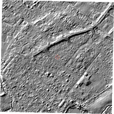 Shaded relief map of the ground around TW208DS, computed from Environment Agency LiDAR. The ground here sits at about 15 m above sea level and falls 3 m across the surrounding 800 m. Surface water reaching this point runs off ground lying to the north, 1.7 m higher.