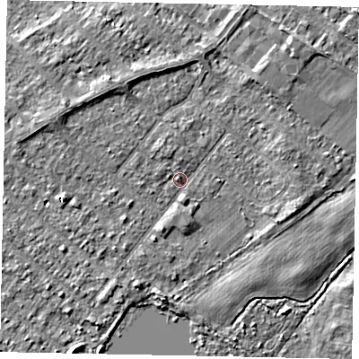 Shaded relief map of the ground around TW208DT, computed from Environment Agency LiDAR. The ground here sits at about 15 m above sea level and falls 3 m across the surrounding 800 m. Surface water reaching this point runs off ground lying to the north-west, 2.7 m higher.