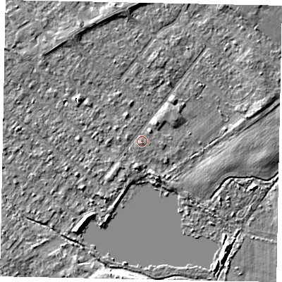Shaded relief map of the ground around TW208DU, computed from Environment Agency LiDAR. The ground here sits at about 14 m above sea level and falls 4 m across the surrounding 800 m. Surface water reaching this point runs off ground lying to the north-west, 2.3 m higher.