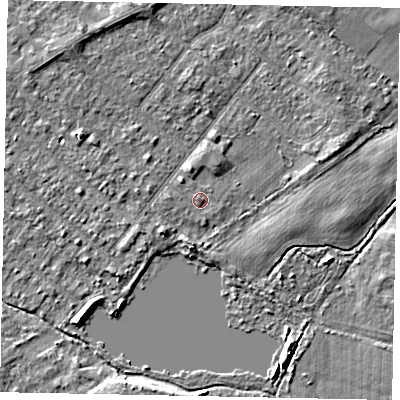 Shaded relief map of the ground around TW208DX, computed from Environment Agency LiDAR. The ground here sits at about 14 m above sea level and falls 4 m across the surrounding 800 m. Surface water reaching this point runs off ground lying to the north-west, 0.9 m higher.