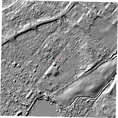 Shaded relief map of the ground around TW208DY, computed from Environment Agency LiDAR. The ground here sits at about 14 m above sea level and falls 3 m across the surrounding 800 m. Surface water reaching this point runs off ground lying to the north-west, 2.7 m higher.