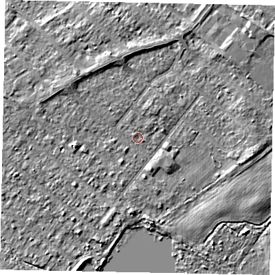 Shaded relief map of the ground around TW208DZ, computed from Environment Agency LiDAR. The ground here sits at about 14 m above sea level and falls 4 m across the surrounding 800 m. Surface water reaching this point runs off ground lying to the north-north-west, 2.7 m higher.