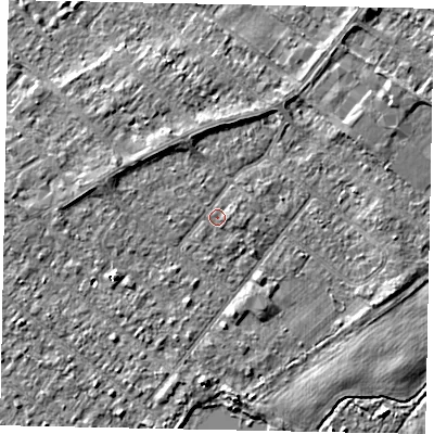Shaded relief map of the ground around TW208EA, computed from Environment Agency LiDAR. The ground here sits at about 15 m above sea level and falls 3 m across the surrounding 800 m. Surface water reaching this point runs off ground lying to the north-north-west, 0.6 m higher.