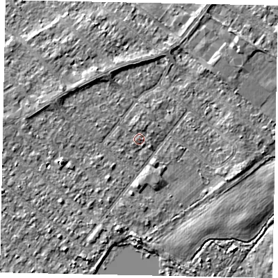 Shaded relief map of the ground around TW208EB, computed from Environment Agency LiDAR. The ground here sits at about 15 m above sea level and falls 3 m across the surrounding 800 m. Surface water reaching this point runs off ground lying to the north-north-east, 0.9 m higher.
