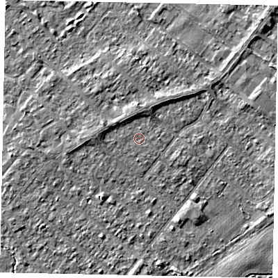 Shaded relief map of the ground around TW208ED, computed from Environment Agency LiDAR. The ground here sits at about 15 m above sea level and falls 3 m across the surrounding 800 m. Surface water reaching this point runs off ground lying to the north-north-west, 1.6 m higher.