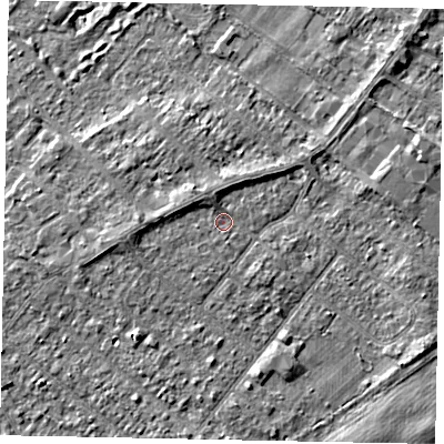 Shaded relief map of the ground around TW208EE, computed from Environment Agency LiDAR. The ground here sits at about 15 m above sea level and falls 3 m across the surrounding 800 m. Surface water reaching this point runs off ground lying to the north-west, 1.9 m higher.