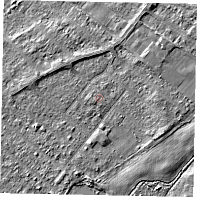 Shaded relief map of the ground around TW208EF, computed from Environment Agency LiDAR. The ground here sits at about 15 m above sea level and falls 3 m across the surrounding 800 m. Surface water reaching this point runs off ground lying to the south-west, 0.8 m higher.