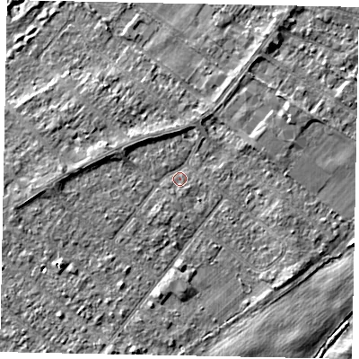 Shaded relief map of the ground around TW208EG, computed from Environment Agency LiDAR. The ground here sits at about 14 m above sea level and falls 3 m across the surrounding 800 m. Surface water reaching this point runs off ground lying to the south-south-west, 1.0 m higher.